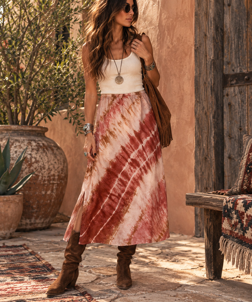 J. Jill Sz XL Silk Cotton Tie Dye Midi Skirt Pink Rust Pull On NWOT